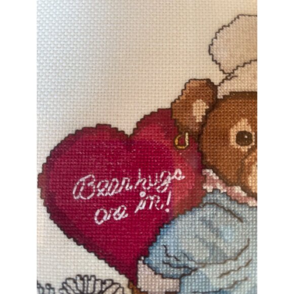 Teddy Bear Hugs Are In Cross-Stitch Art In Wood Frame Glass 11x11 - Picture 3 of 7